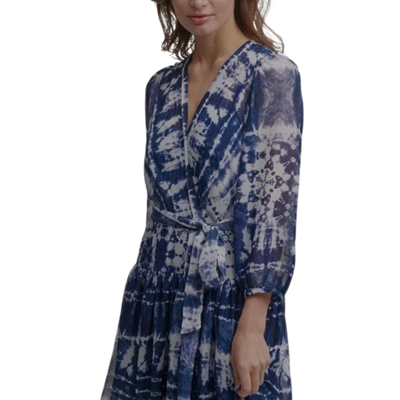 Calvin Klein Tie Dyed Wrap Maxi Dress Blue White Wedding Evening Womens Size 8 - Picture 2 of 16